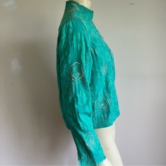 MIRASOL Women’s Embroidered Roses Jacket Mandarin Collar Shell Buttons Green S - Picture 4 of 14